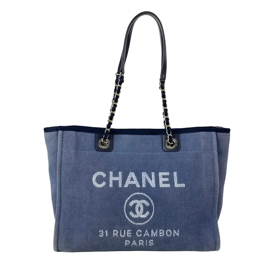 Chanel Deauville Line MM Tote Bag A67001 Blue Dark Navy Canvas Leather